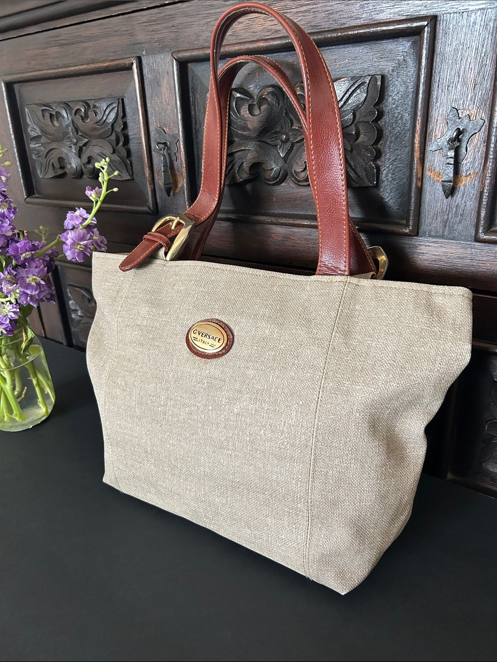 Beautiful Beige Canvas Tote with Brown Leather Straps - Picture 3 of 13